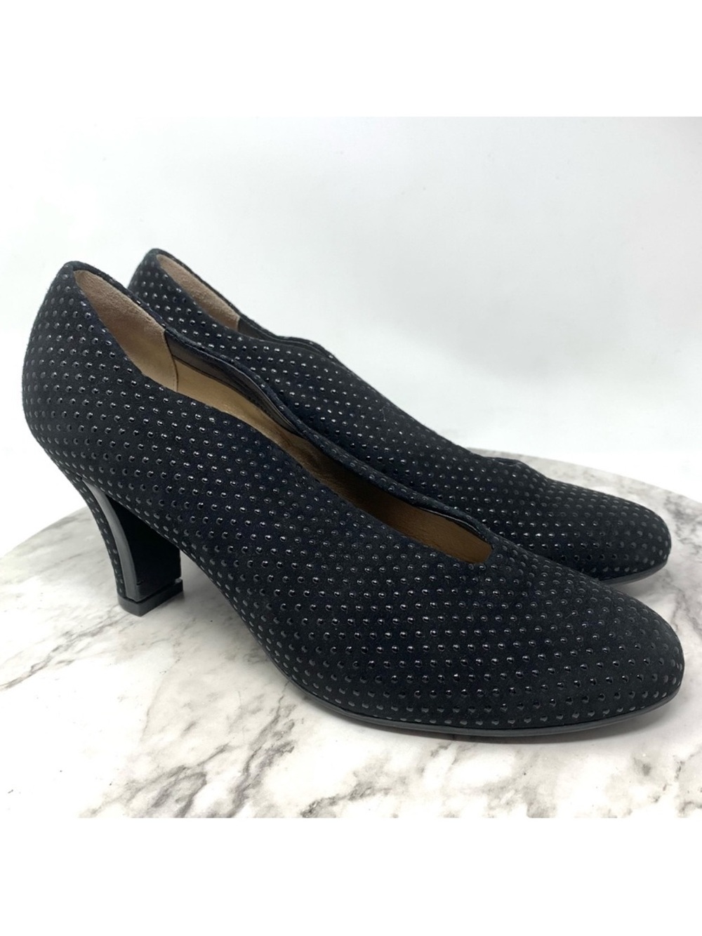 Beautifeel Calla Polka Dot Black Suede Comfort Pumps 39/8-8.5 Quiet Luxury Retro